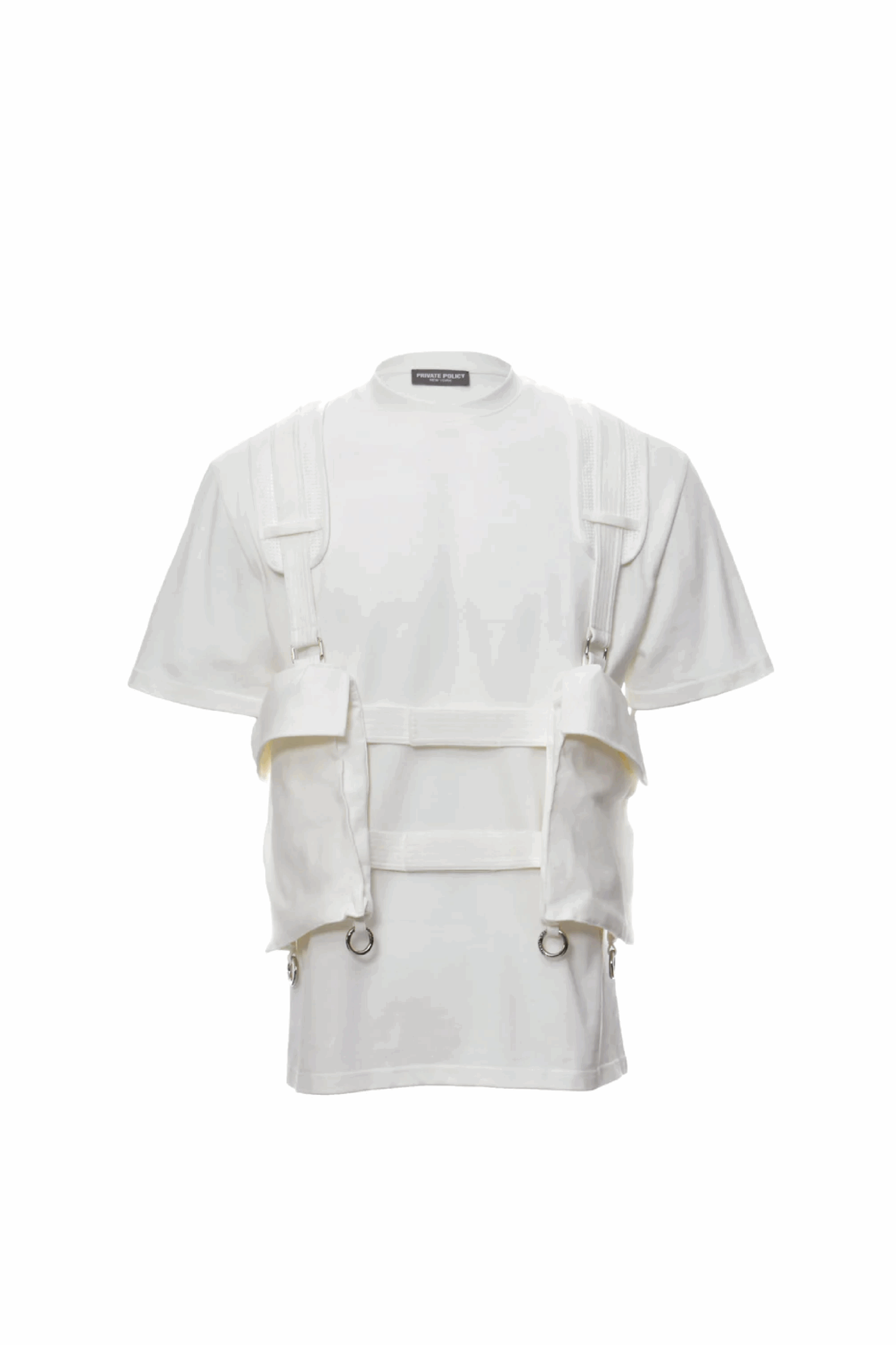 PRIVATE POLICY MESH POCKETS WHITE HARNESS T-SHIRT PRIVATE POLICY MESH POCKETS WHITE HARNESS T-SHIRT
