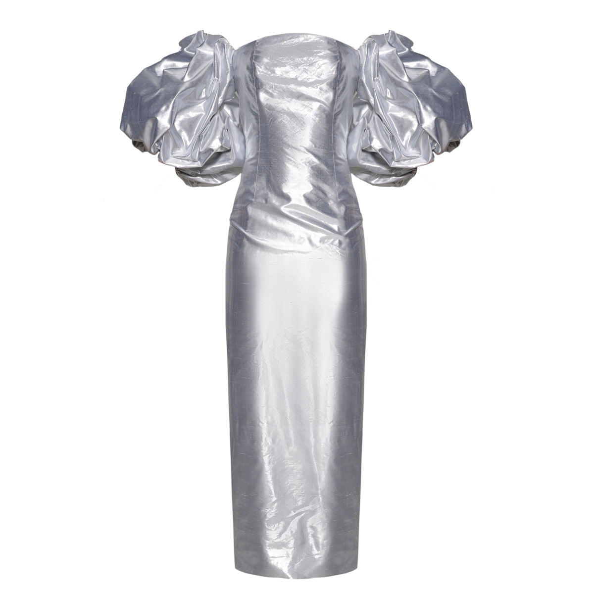 Anouki Corset Style Silver Silk Dress With Falling Sleeves