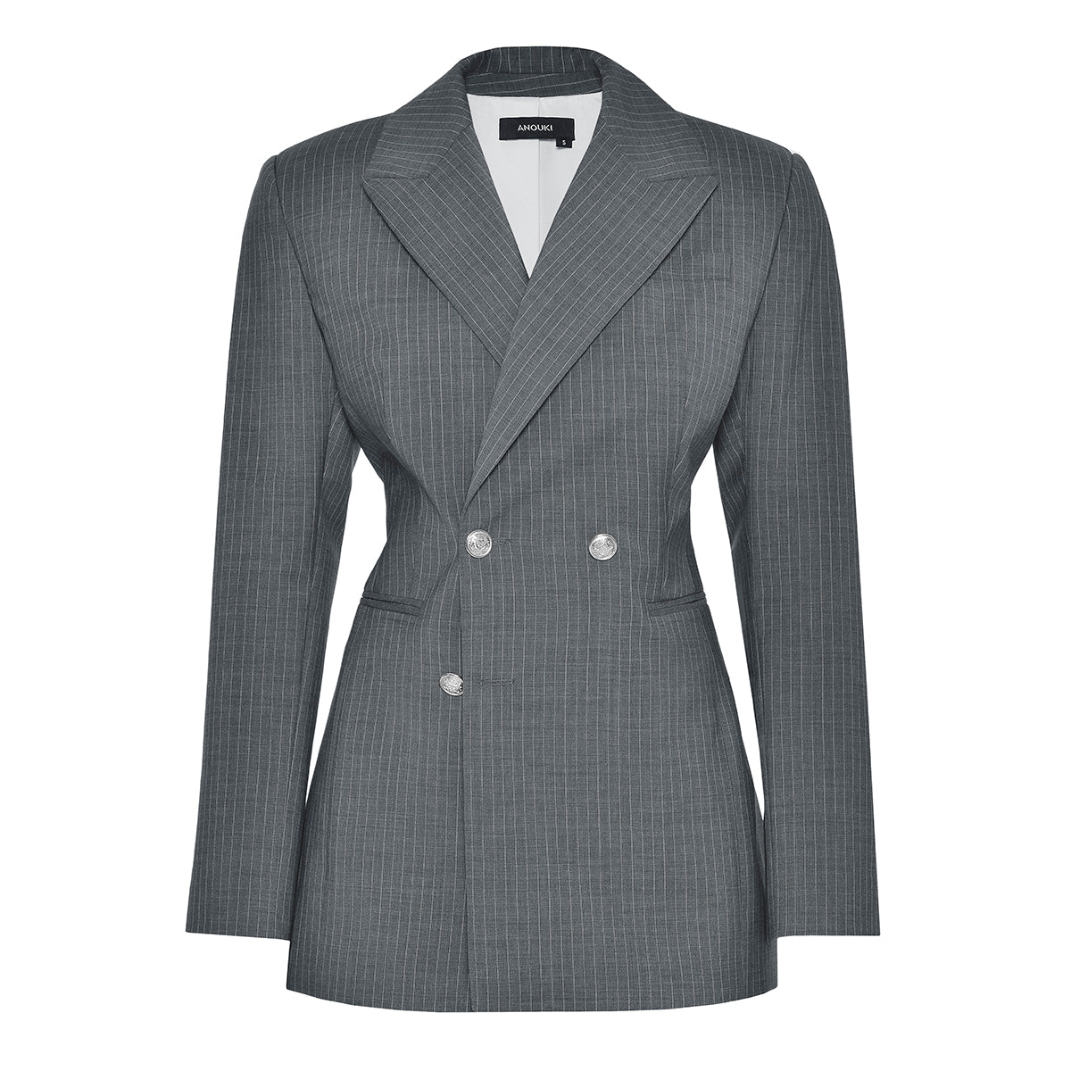 ANOUKI STRIPED GREY WOOL DOUBLE BREASTED BLAZER 1 ANOUKI STRIPED GREY WOOL DOUBLE BREASTED BLAZER