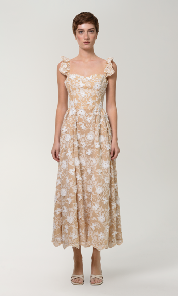 Anouki Floral Bustier Flare Cotton Dress With Ruffles