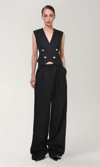 ANOUKI BLACK LINEN TREE PLEAT PANTS