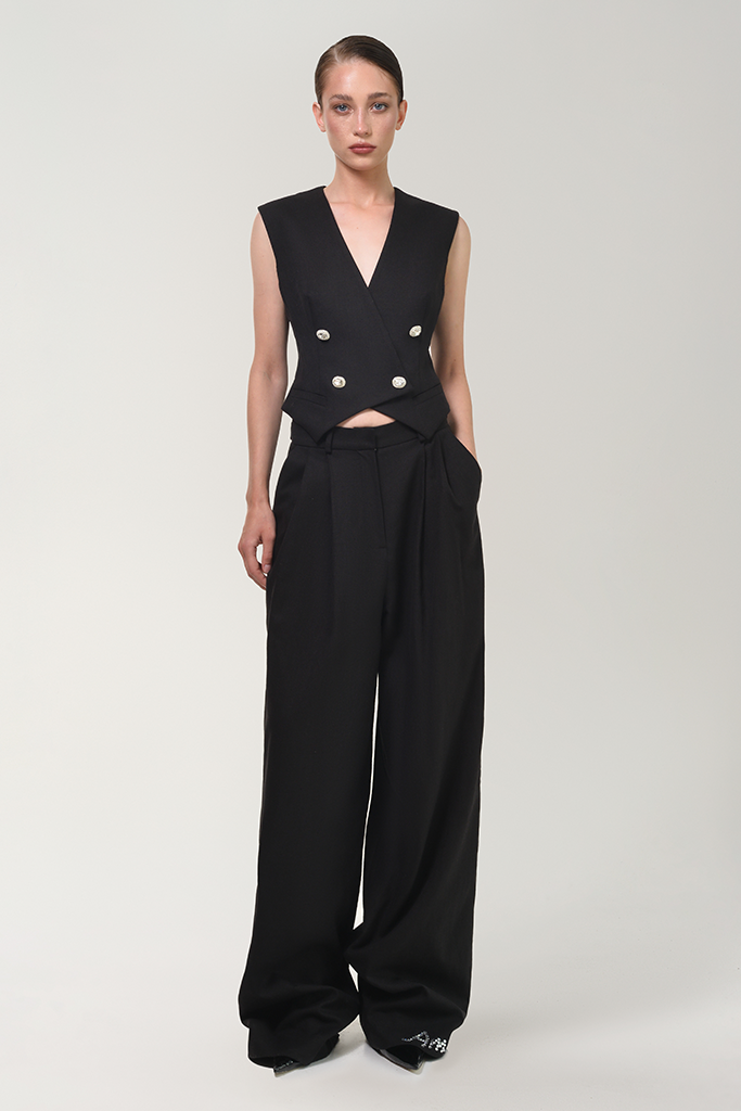 ANOUKI BLACK LINEN TREE PLEAT PANTS ANOUKI BLACK LINEN TREE PLEAT PANTS
