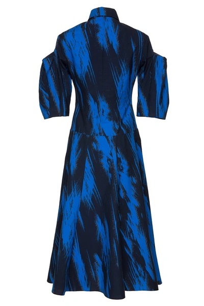 Midi Flared Dress With Assymetric Puff Sleeves and Wavy Details on Collar