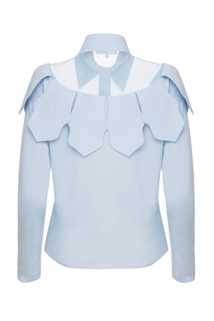 SHIRT WITH WAVY LEAVES, ORGANZA INSERT DETEIL AND CRYSTALS BUTTON