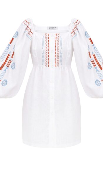 ETNODIM Linen embroidered dress with milk color MOZAIKA