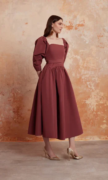 En&Ay Burgundy puff sleeves dress in taffeta