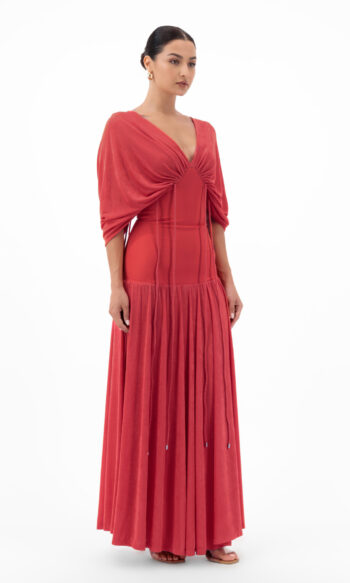 En&Ay Long vibrant red dress with waist ties